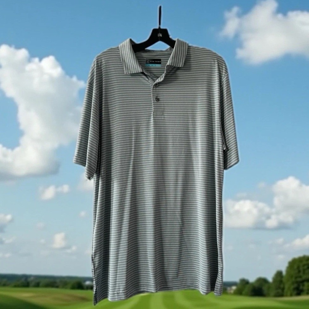 Mens PGA Tour Polo‎ Shirt Size Large Gray White Short Sleeve Golf Casual Work L